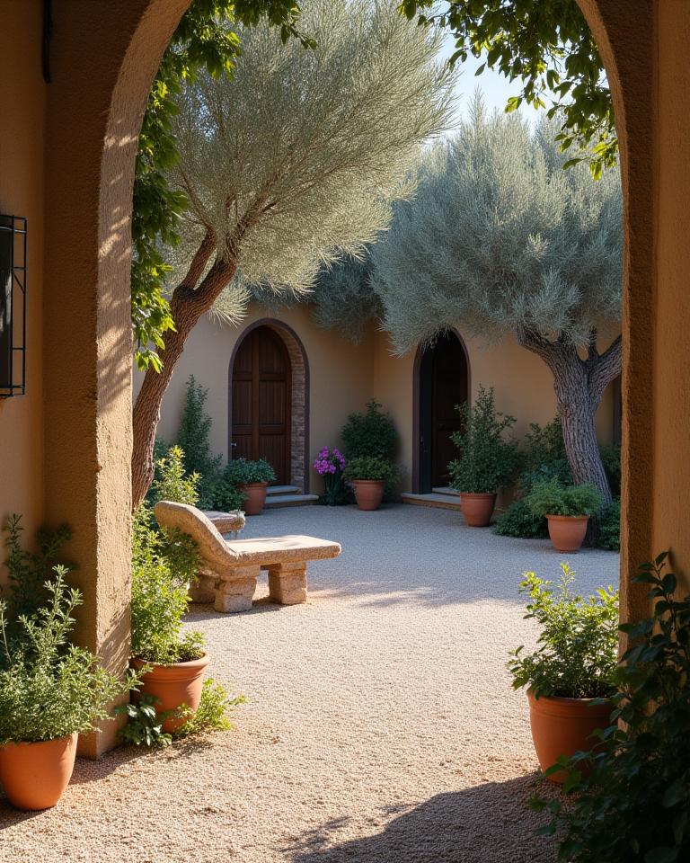 Cortile in ghiaia con design mediterraneo, ulivi e aromatiche per patio toscano