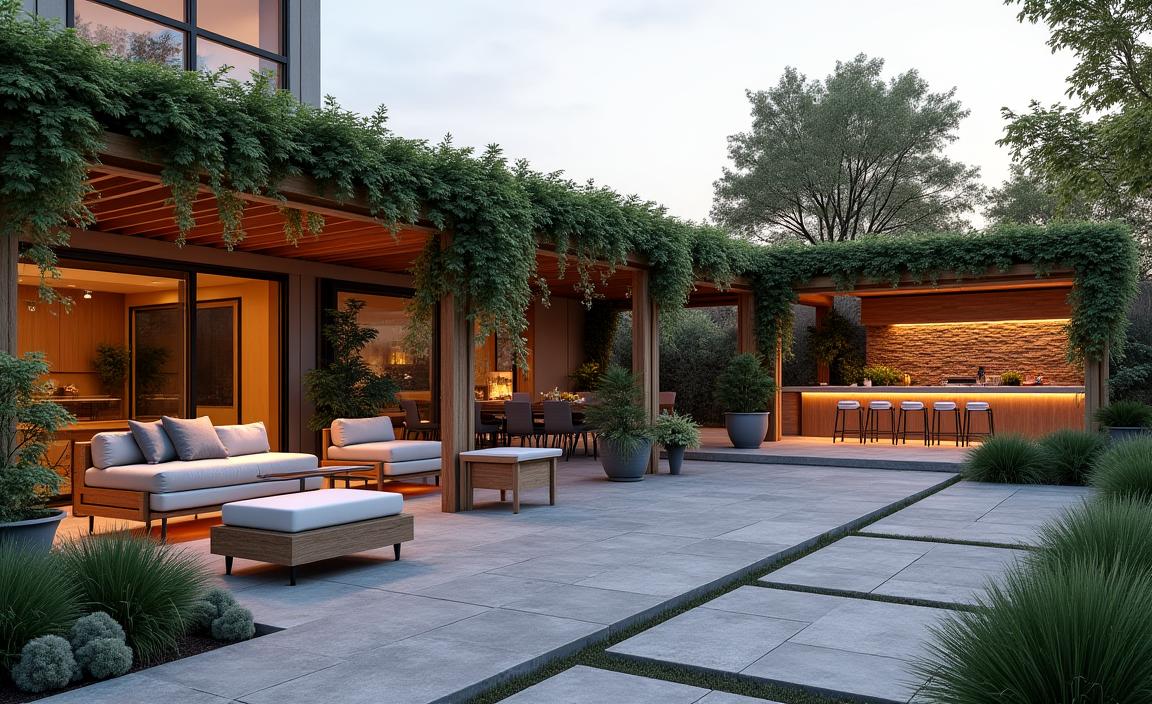 Spazio outdoor living con pergolato, zona lounge e pavimentazioni drenanti